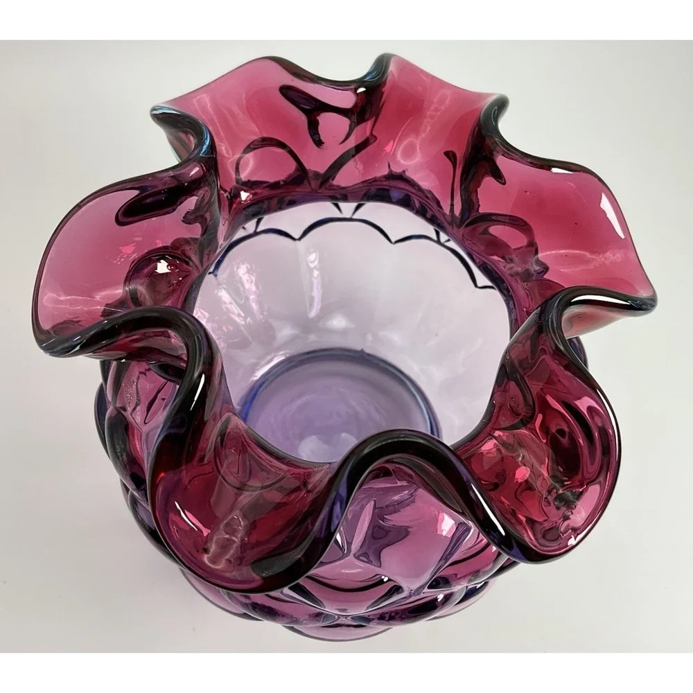 Fenton Mulberry Jacqueline Art Glass Vase Ruffled Rose Bowl Fish Scale Pattern